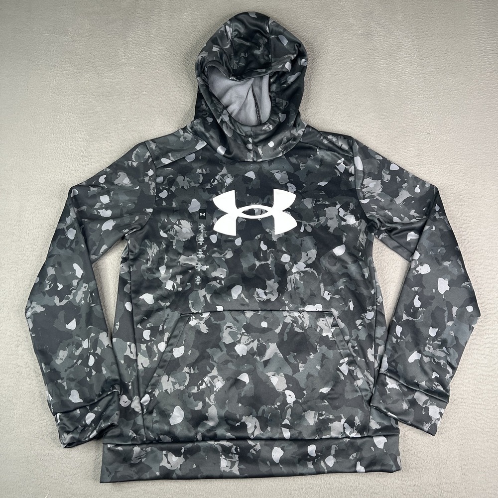 Under Armour Hoodie Youth Large Black Gray Camo Armour Fleece Pullover Boys YLG